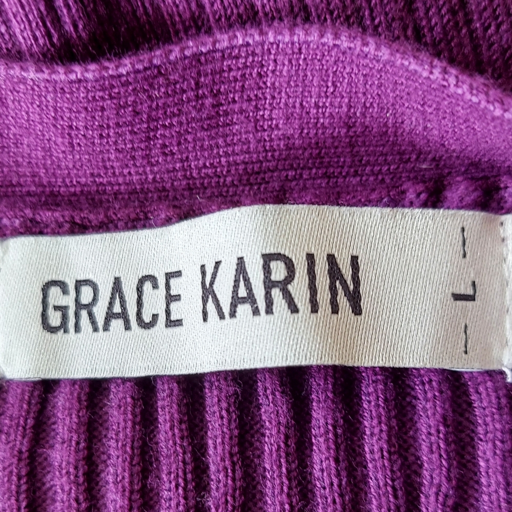 Grace Karin V Neck Button Down Ribbed Knit Cardigan Sweater Size Large Purple - Picture 7 of 8
